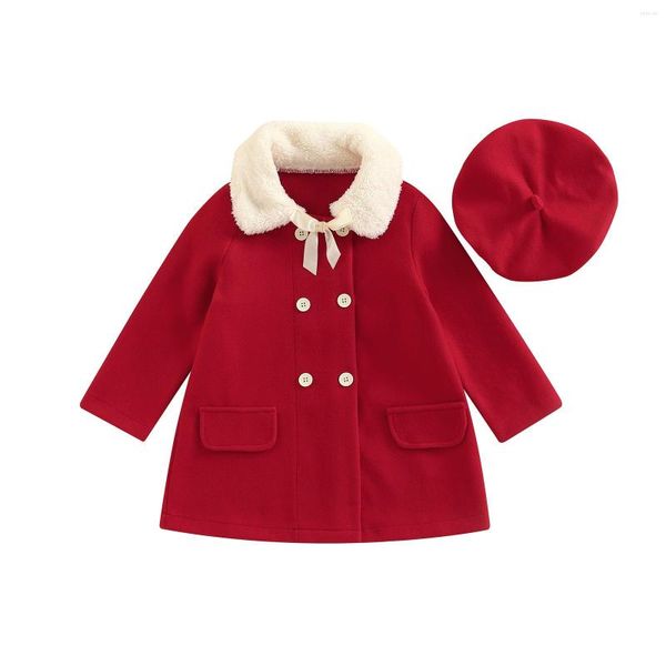 Vestes de Noël enfants tenue d'hiver contraste couleur col de fourrure à manches longues robe en laine avec boutons chapeau pour les filles rouge 3-7 ans