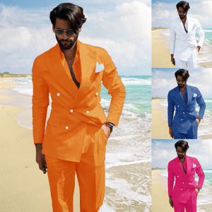 Jackets Classic Summer Men Pak Orange Linen Beach Dubbele borsten Blazer Custom Slim Fit Bruidegom Best man Wedding Tuxedo Jacket Pants Set