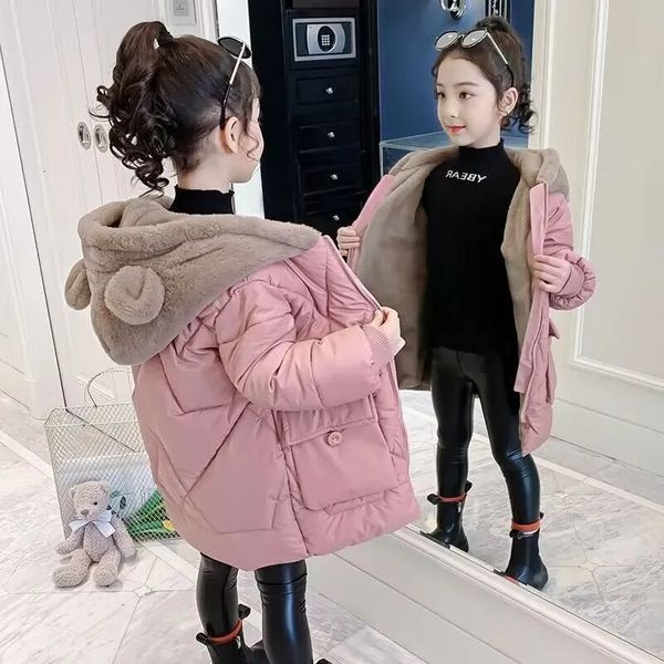 Chaquetas Conjuntos de ropa 4-10 años Abrigo de invierno para niñas Chaqueta de algodón gruesa y cálida Moda para niñas Parkas largas Traje para la nieve Oso con capucha Niños Nueva ropa de abrigo informal 230928