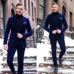 Disfraz de chaquetas homme azul oscuro un botón de terciopelo para hombre traje de baile de graduación de la solapa muesca de boda para hombres 2 piezas blazers (chaqueta+pantalón)