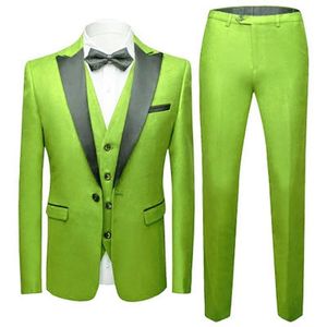 Custom Made Bruidsjonkers Lime Groen Bruidegom Tuxedos Piek Zwarte Revers Mannen Pakken Bruiloft Beste Man Blazer (Jas + broek + vest + stropdas) C484
