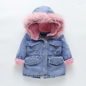 Vestes manteaux mignons pour vêtements d'extérieur pour filles, à manches longues, à capuche, manteau chaud rose, veste en Denim d'hiver 2024 avec grand col en fourrure en peluche