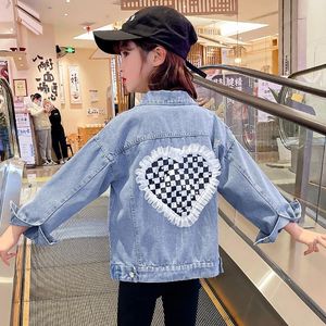 Jacken Süße Mädchen Kleidung Denim Mäntel Muster Plaid Liebe Herz Frühling Herbst Teenager Baumwolle Jeans Jacke Kinder Tops