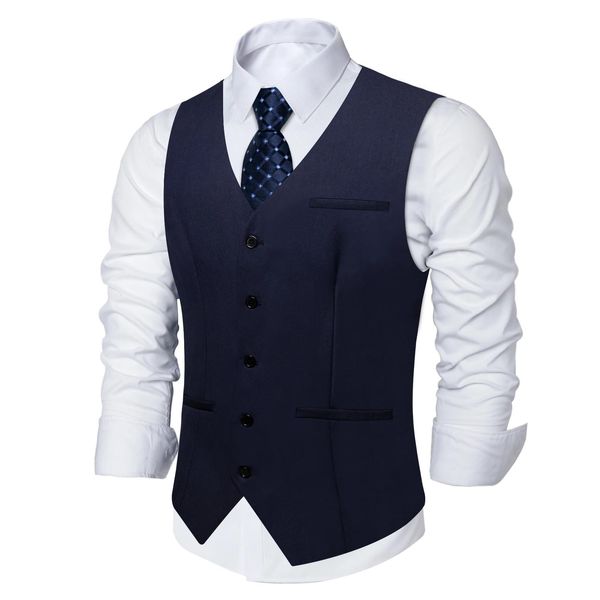 Chaquetas Chaleco ajustado azul marino oscuro para hombre Fiesta de negocios Chaleco Hombre Moda Vestido sólido Chaleco sin mangas Corbata azul Chaleco para hombre