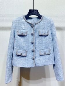 Vestes Diamond Femme's Buttons Mesdames Médies Sparkling Sequin Coat ou haute taille A-Line Mini Jirt Suit 2024 Femmes O-Neck Blue Tweed Set 231205