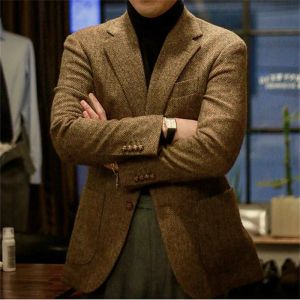 Jackets Elegant Blazer For Men Herringband Jacket Business Office Coat 1 stuks Winter Warm Wool Suit revers met één borsten