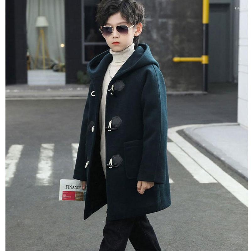 ジャケットファッションの子供コートミッドレングススタイルの子供秋の冬のコートフード付きウールの男の子アウトウェアソリッドカラー服
