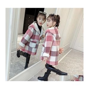 Jackets Fashion Girls kleding Herfst Winter Parka kleding Medium Lange jas Windscheper Plaid Dikke Lamb Children Wollen Coats Dro Dhurr