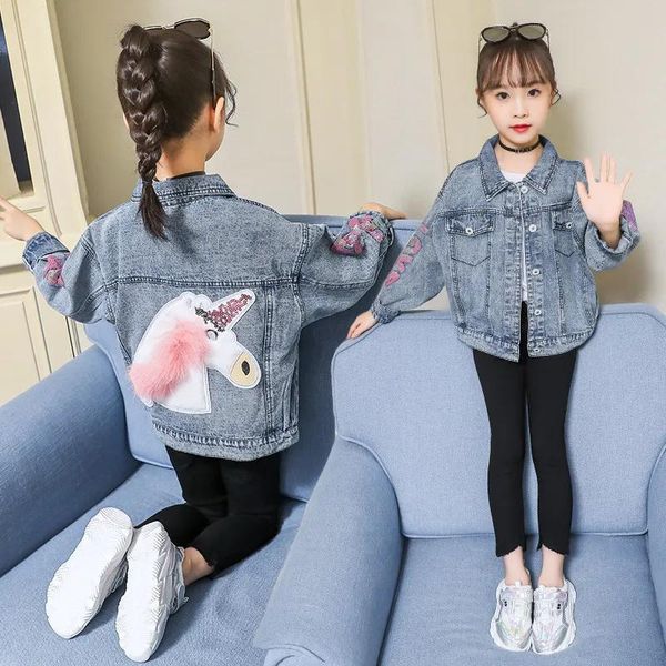 Vestes Mode Filles Denim Veste Enfants Manches Longues Licorne Paillettes Lettre Manteau Enfants Cowboy Outwear