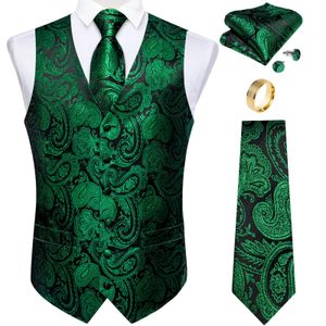 Vestes Fashion Green Paisley Vest for Man Business Festival Robe Fit Men's Wil's Silk Neccoltie Pocket Square Cuffe Links Ring