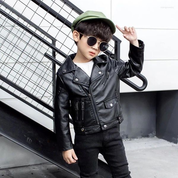 Jackets Fashion Kids Autumn Winter Plush FaveS Girls Boys Black Color Turn-Down Collar Down Manga Long PU Chaqueta de cuero 3-12Y XMP21