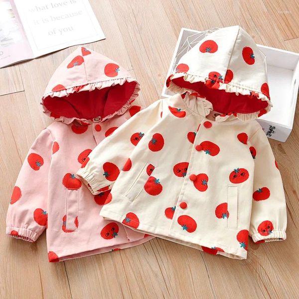 Vestes à capuche pour bébés filles, mode printemps-automne, rose, Beige, imprimé tomate, manteaux à simple boutonnage, Cardigans pour tout-petits, vêtements d'extérieur pour enfants