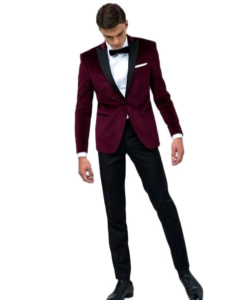 Jackets Fashion Vintage Velvet Wine Red Peak Lapel Traje de boda de esmoquin para hombres