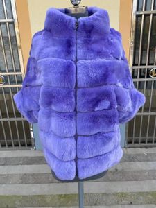 Vestes mode hiver femme réel manteau de fourrure veste lapin de lapin batwing manche de haute qualité putant pleine taille avec fermeture éclair