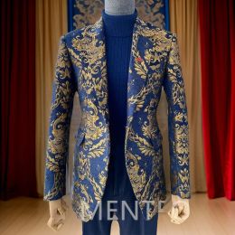Vestes Floral Jacquard Men costumes Slim Fit Navy Blue Groom Tuxedo For Wedding Party 2 pièces Veste de mode masculine avec pantalon 2024