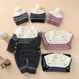 Focusnorm 2021 Winter Baby Meisjes Jongens Gebreide Jumpsuit Mutsen Hoeden 2 Stuks Gedrukt Lange Mouw Knop Warme Rompertjes 018M