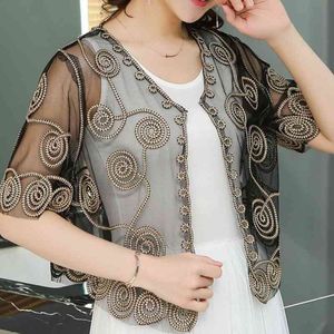 Vestes pour femmes Blusas Mujer de Moda Verano Cardigan à manches courtes Robe Showl Col V Creux Mesh Lace Showl Femmes D652 210426