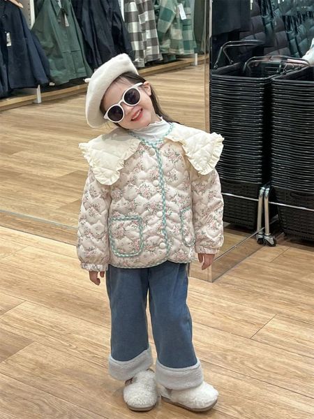 Chaquetas para niña, cárdigan, ropa para niño, invierno, coreano, solapa grande, Clip Floral, cuello de muñeca acolchado de algodón, 2023