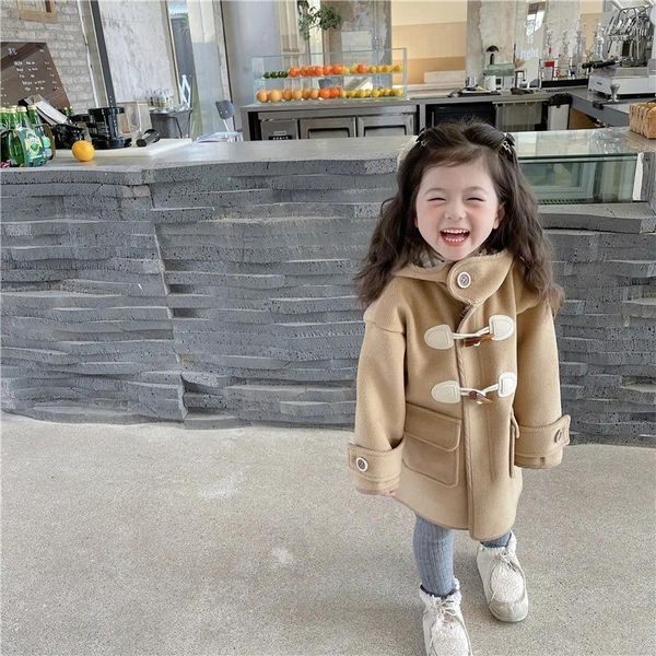 Vestes d'hiver pour filles, manteau pour enfants, vêtements coréens en laine avec boucle en corne, capuche longue, à la mode, 2023