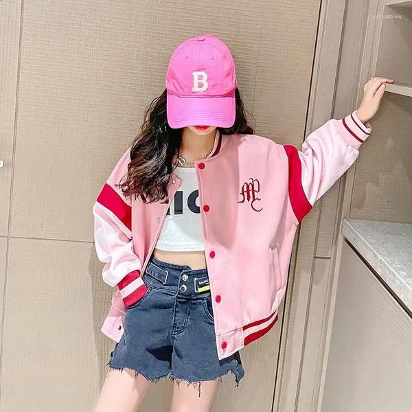 Chaquetas Chaqueta de béisbol para niñas Diseño coreano Sentido Rosa Cuello alto Bordado A rayas Primavera Otoño Suelto Dulce Novia Bomber Coat