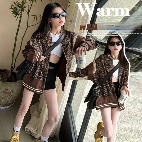 JACKETS Girls 'Coat Spring and Automne 2024 Big Boy Boy Fashionable Corée Edition Leopard Print Jacket Baseball