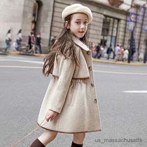 Jassen meisjes elegante wollen jas Europese stijl herfst winter nieuwe kinderen tweed overjas kinderen verdikte casual jas bovenkleding r230812
