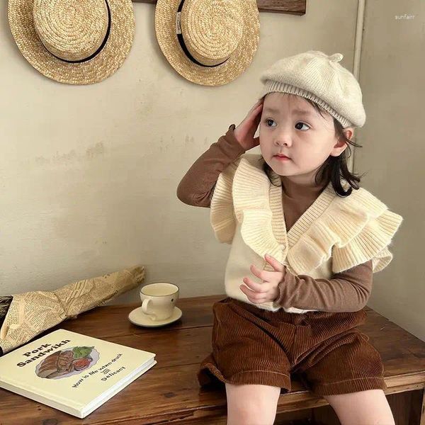 Chaquetas Chaleco para niña Chaqueta cárdigan Cuello de encaje coreano Camisa de punto Ropa de bebé Pantalones cortos Abrigo para niña