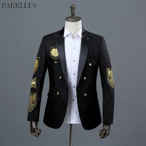 Jackets gouden medaille borduurwerk zwarte pakblazer mannen dubbele borsten heren militair blazer jasje podium prom show zanger kostuum homme xxl