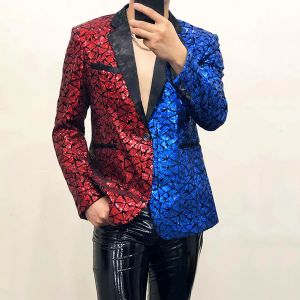 Vestes Gold Blue Blue Stitching Sequins Blazer Jacket Men Bar Singer Club Night Performance Performance Smoking Tuxedo Banquet Blazers Plus taille