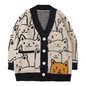 Vestes harajuku dessin animé chat cardigan pull homme streetwear motif collège tricots décontracté en tricot japonais veste femme unisexe