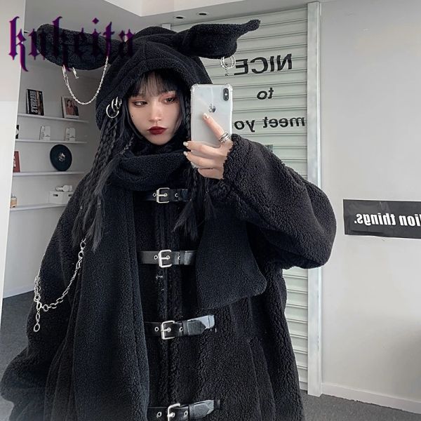Vestes Harajuku femmes Vintage noir veste gothique Grunge mignon lapin oreille écharpe casquette hiver chaud manteaux Streetwear femme pardessus