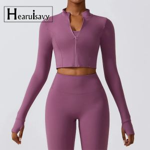 Jackets HearuisaVy herfstelasticiteit yoga jas outdoor hardloop sportjack vrouwelijke gym zipper strakke fitting jas dames sportkleding