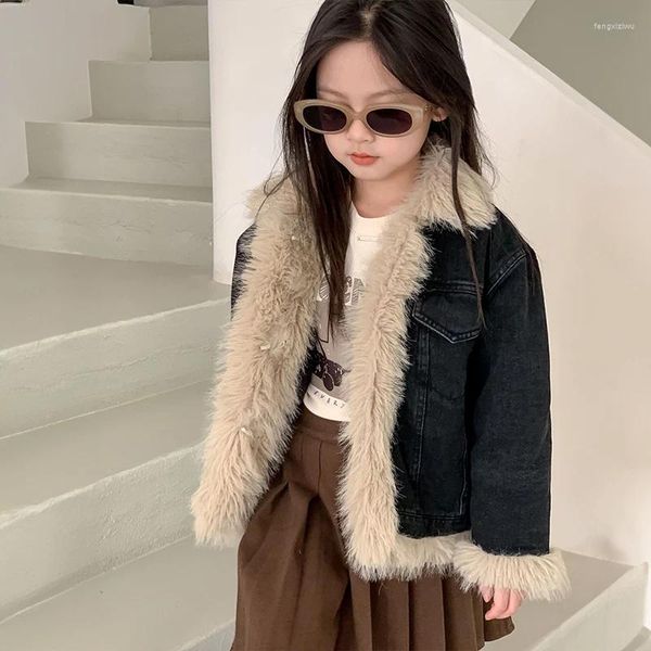 Vestes Haute qualité Denim veste enfants pour les filles 3 à 12 ans mode hiver automne enfants fausse fourrure vêtements d'extérieur épais chaud manteaux en peluche