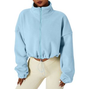 Jassen met capuchon Open voorkant dames fleece korte jas met volledige ritssluiting Warme winter met lange mouwen Opstaande kraag Crop jas Dames sweatshirt met col