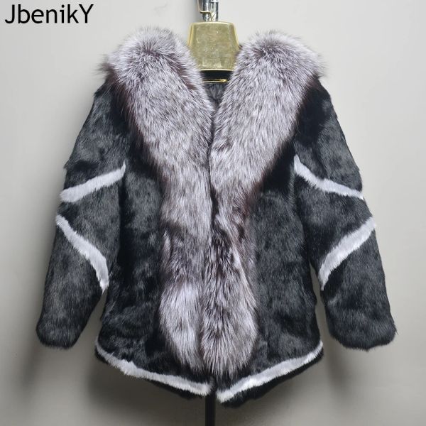 Chaquetas gran oferta de piel Natural de lujo para mujer abrigo de piel de conejo con cuello de piel de zorro chaqueta de piel de zorro larga para mujer envío gratis