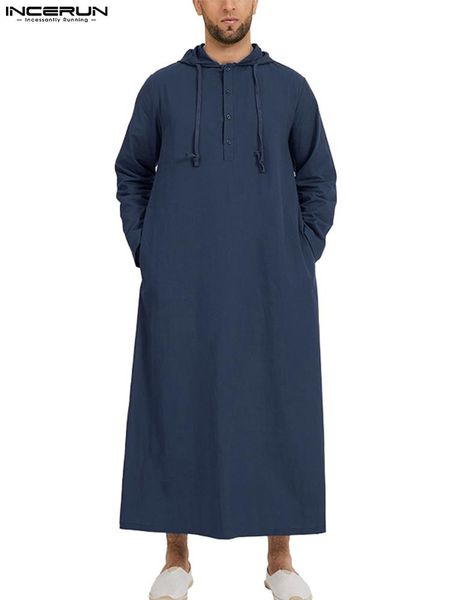 Chaquetas Incerun Islámico Jubba Thobe Túnica de manga larga Camisas Sudaderas con capucha Kaftan árabe saudita Largo Jubba Thobe Hombre Musulmán Hombres Abaya Ropa