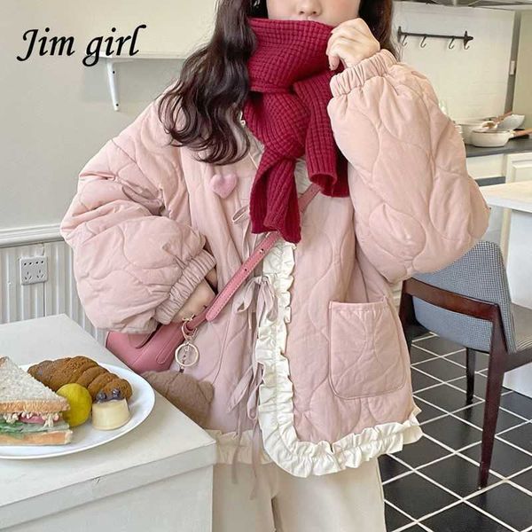 Vestes Japonais Kawaii Court Femmes Doux Style Preppy Manteau D'hiver Femme Mignon Dentelle Patchwork Casual Filles Rose Parkas Manteau Y2210