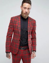 Vestes jeltonewin mode Design italien smoking de mariage à plaid rouge pour les hommes de bal costumes 2 pièces pantalon de veste slim. Vêtements de marié masculin