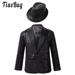 Vestes Enfants Garçons Paillettes Brillantes Veste À Revers Manteau Glitter Blazer Smoking avec Chapeau Fedora Banquet Danse Fête De Mariage Costumes Fantaisie 230904