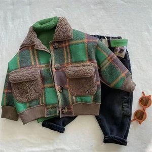 Vestes d'hiver pour enfants garçons, veste en fourrure POlaid verte à revers, automne 2024, pour enfants, femme, simple boutonnage, peluche, haut chaud