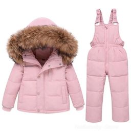 Jacken Kinder Daunenjacken Set Echtpelz Winter Schneeanzug Junge Mädchen Ski Outfits Rosa 90% Weiße Ente Daunenmantel Overalls Kinder Kleidung Sets 231109