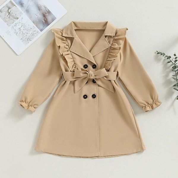 Vestes Enfants Fille Mode Trench Coat Automne Hiver Enfants À Volants À Manches Longues Revers Double Boutonnage Kaki Coupe-Vent Avec Ceinture