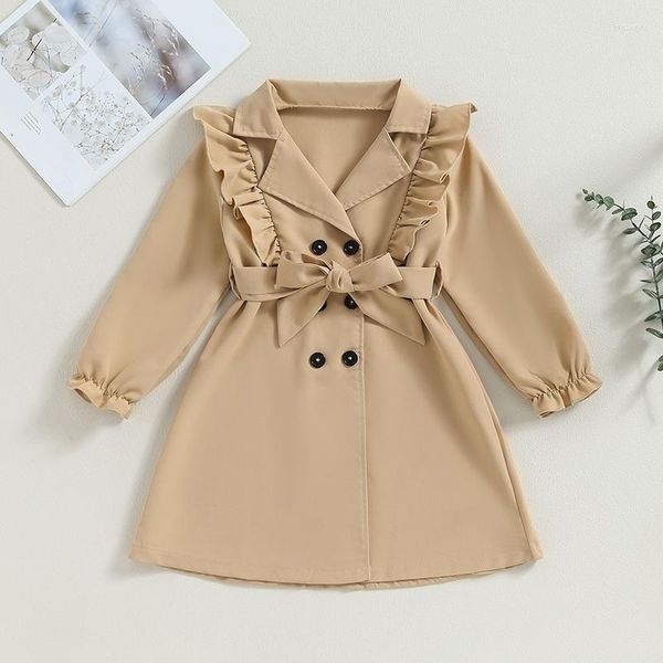 Vestes enfants fille Trench manteaux élégant Vintage à volants manches longues revers Double boutonnage vêtements d'extérieur kaki coupe-vent avec ceinture