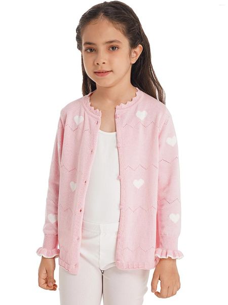 Vestes enfants filles vêtements décontractés bord à volants à manches longues encolure ronde motif d'amour imprimé vague rayé vêtements d'extérieur en tricot