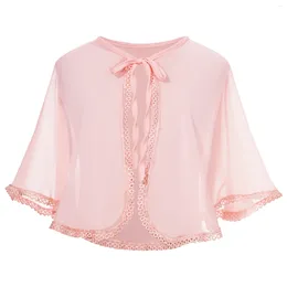 Jackets Kids Girls Elegant Lace Trim Bolero Chiffon Cardigan Sheer Lace-Up Shawl Shrug Top For Birthday Wedding Jurk Cloak Outerwear