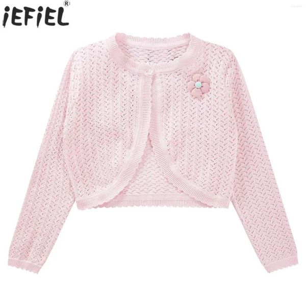 Vestes Kids Girls Flower Knit Bolero Shrug Cardigan Top Hollow Out Button Ouvrir la robe de manteau de manteau avant Couverture