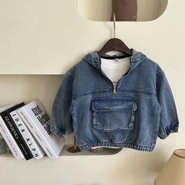 Jackets Kids 'Overcoat 2023 Autumn Boys and Girls Solid Color Denim Jacket Baby Hooded Zipper Top