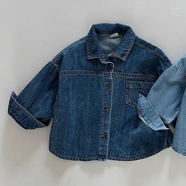 Chaquetas coreanas de otoño 2023 para niños, Tops, abrigo vaquero, Color sólido, moda informal, cuello vuelto, ropa Retro de invierno para niñas