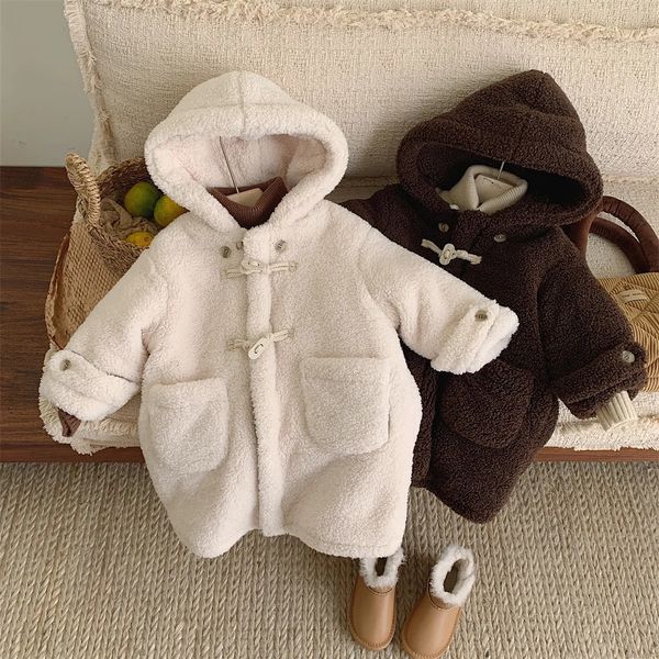 Vestes coréen 2023 automne hiver jeune enfant garçon manteau de laine coton peluche épaissir vêtements d'extérieur bébé veste solide à capuche longue 231122