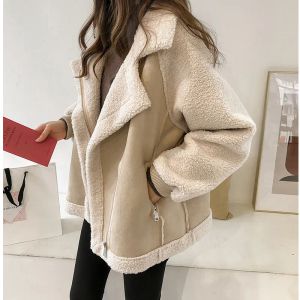 Chaquetas de moda coreana para mujer, abrigo de lana con cuello tipo Polo, chaqueta holgada de piel de ante para motocicleta, abrigos para mujer